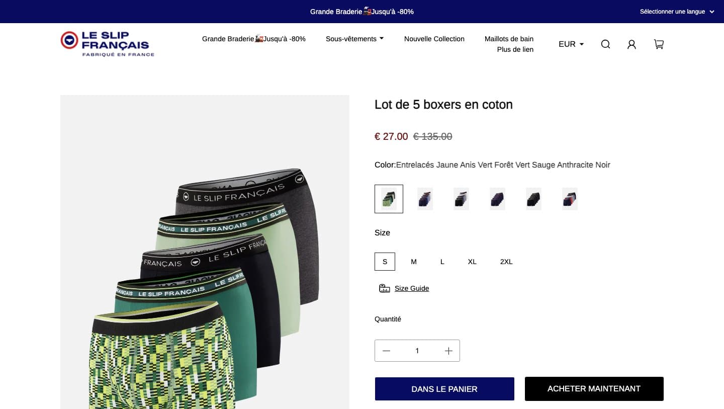 leslipfrancais-save.shop product page for a five-pack of boxers at €27