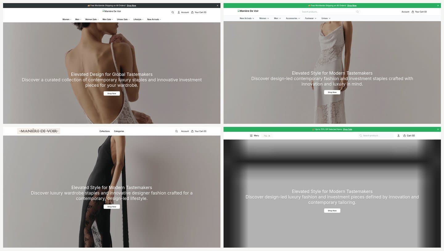 Four lookalike storefronts from 2026 with the same Tastemakers template