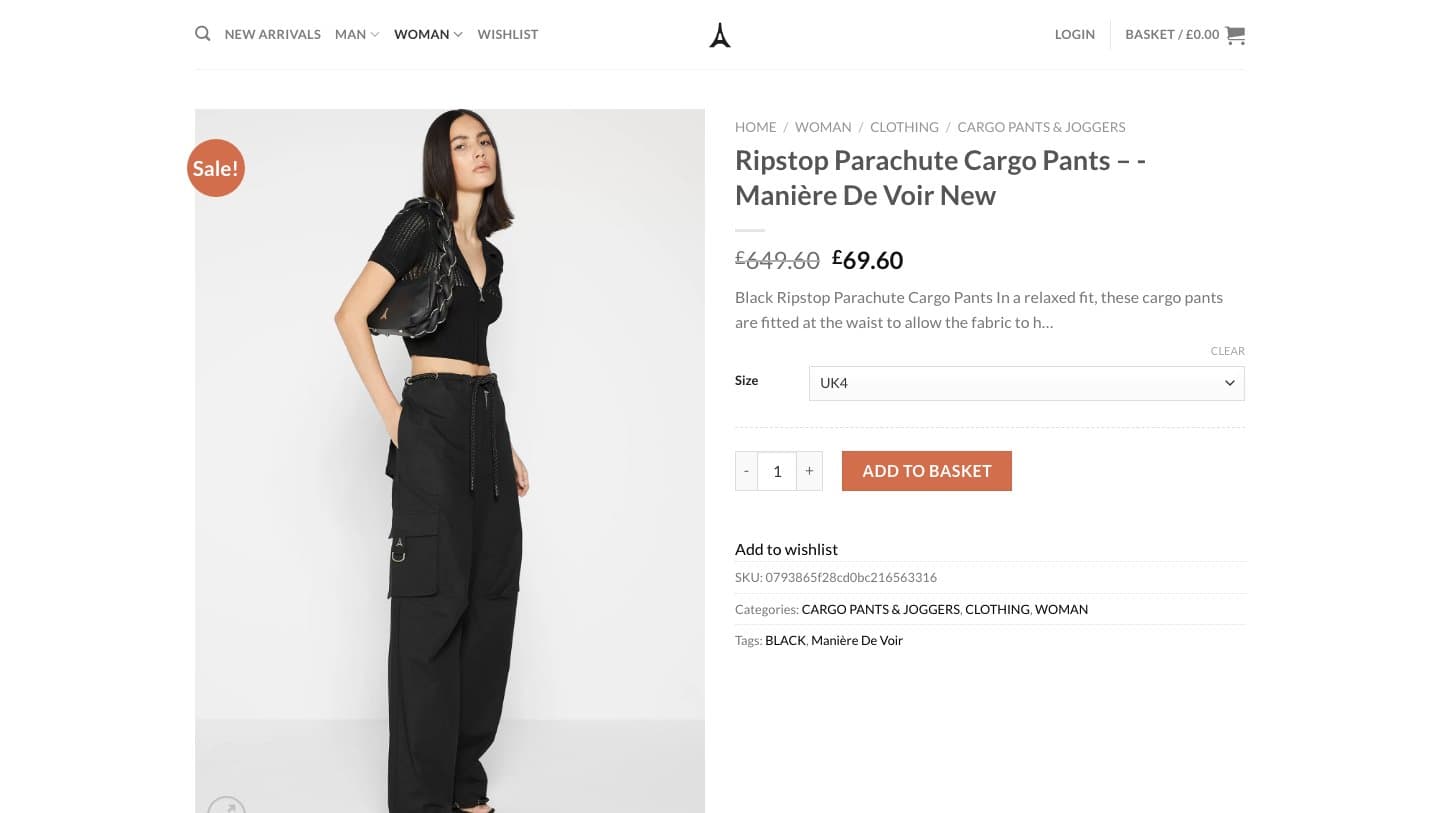 abbeclothing.com product page showing cargo pants reduced from £649.60 to £69.60