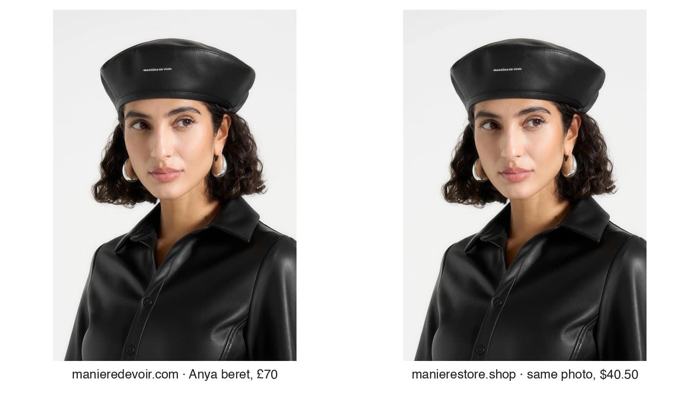 The official Anya beret photo next to the identical photo on manierestore.shop