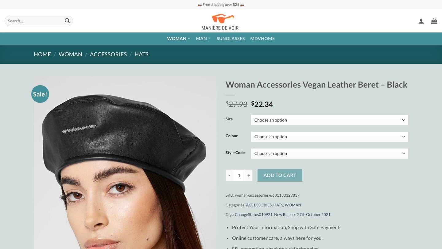 manieredevoirshop.com product page for a vegan leather beret at $22.34