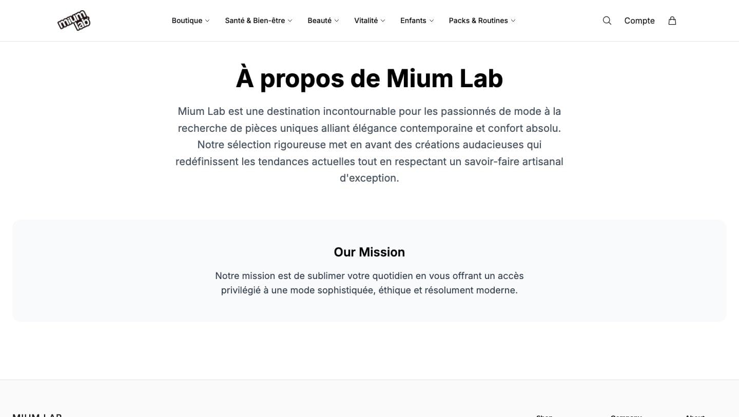 miumlabshop.shop About page describing Mium Lab as a fashion destination