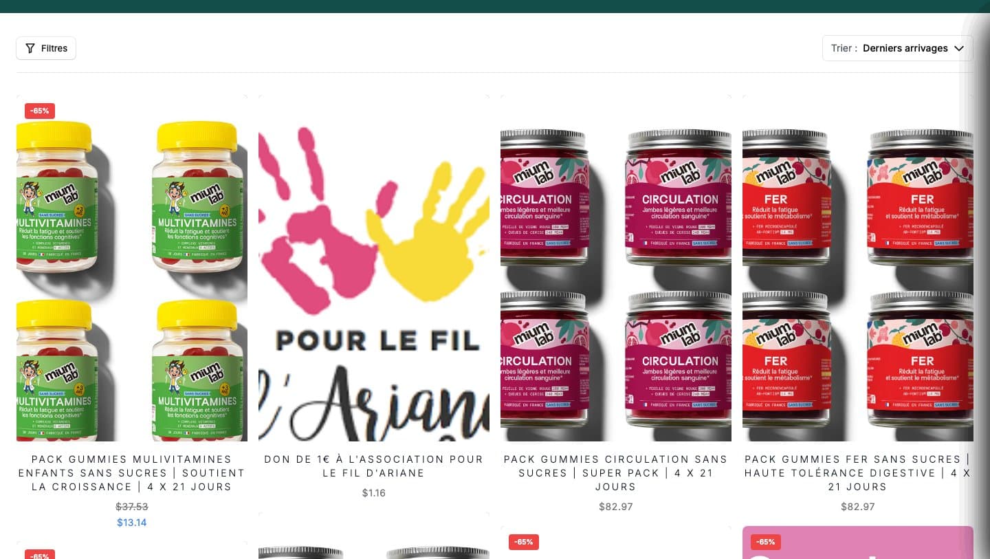 miumlabshop.shop catalogue grid with Mium Lab gummy packs and -65% badges