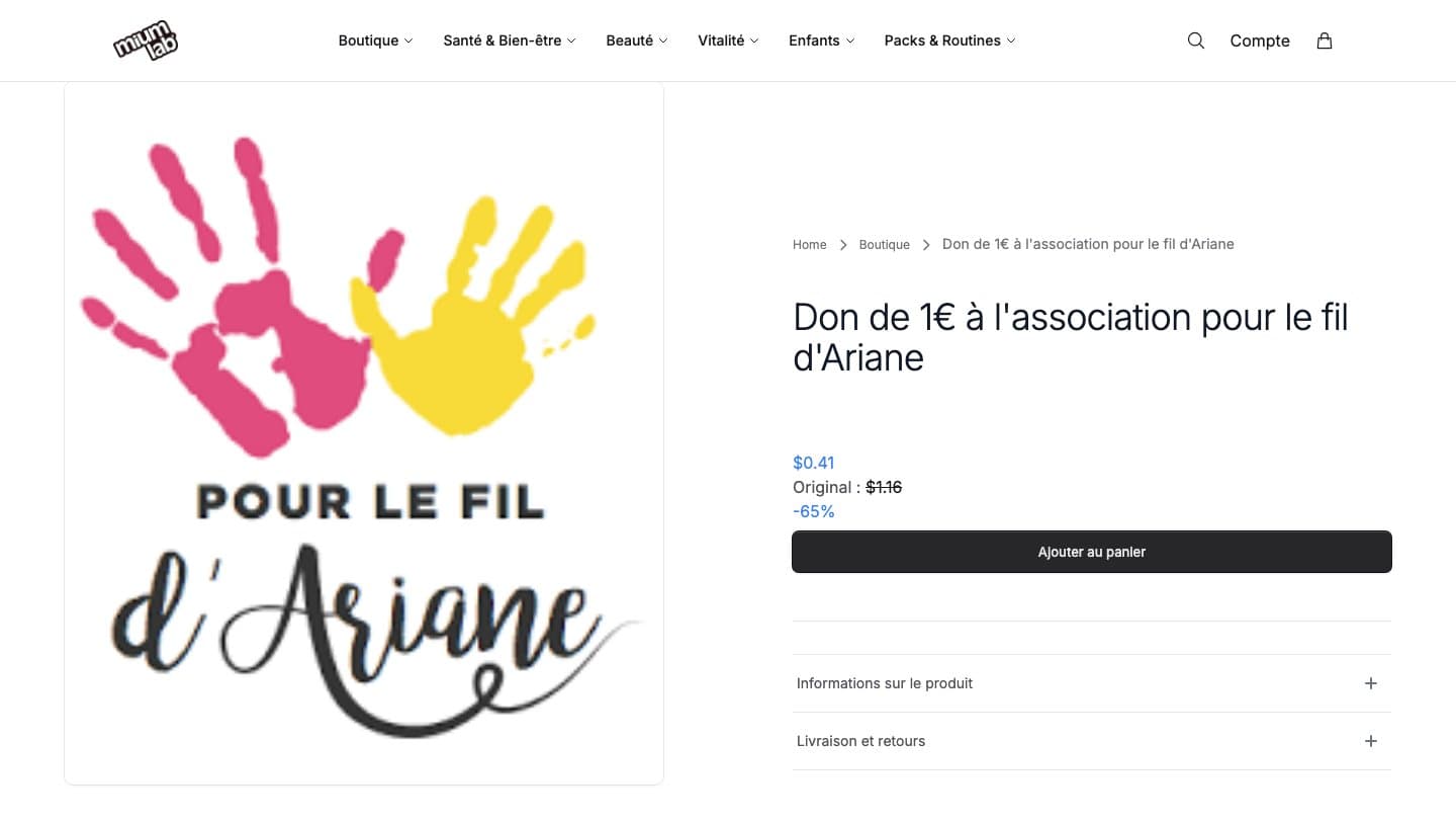 miumlabshop.shop page selling a 1 euro charity donation for 0.41 dollars