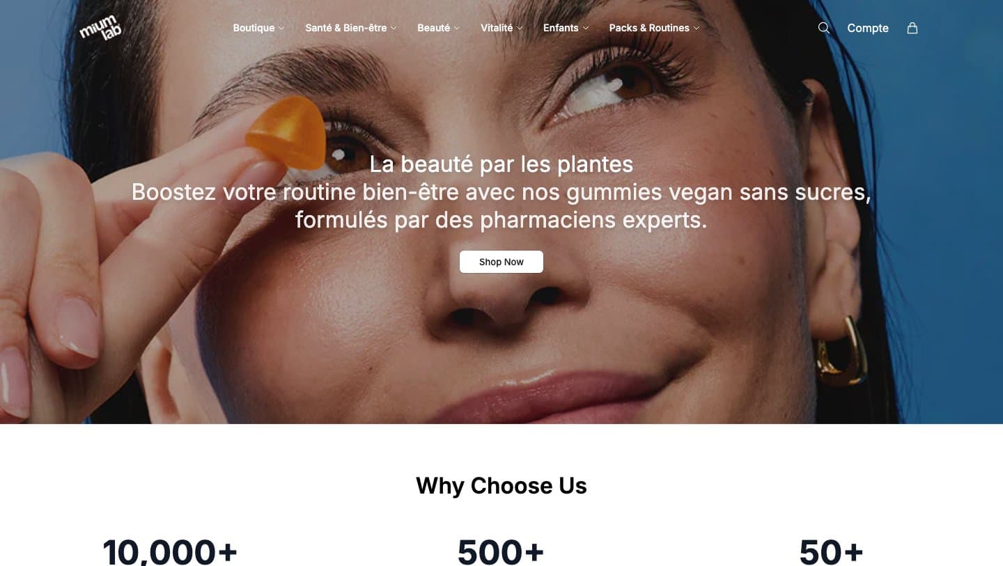 miumlabshop.shop homepage with the Mium Lab logo and a gummy campaign photo