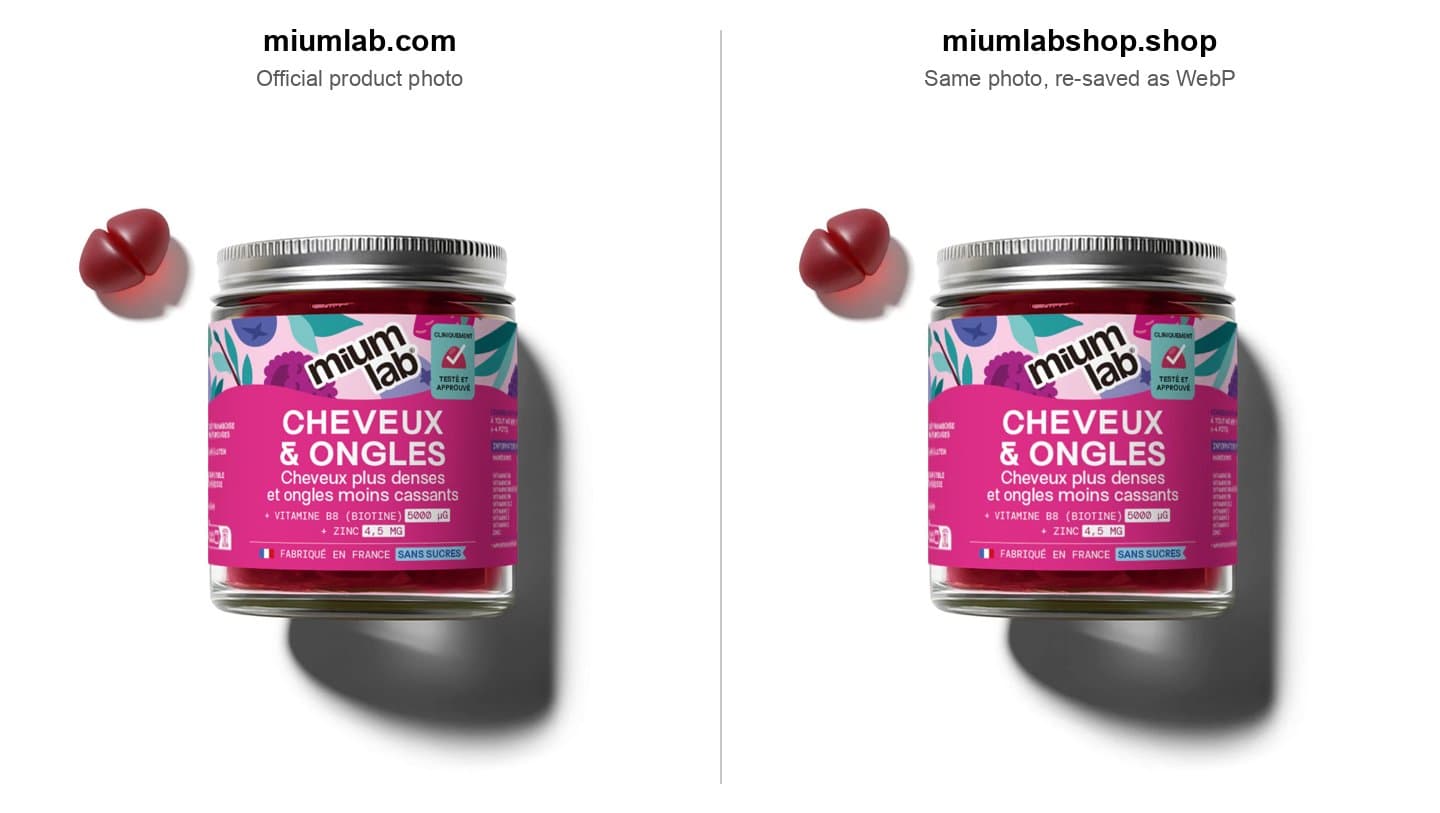 Mium Lab's official Cheveux et Ongles photo next to the same photo on miumlabshop.shop