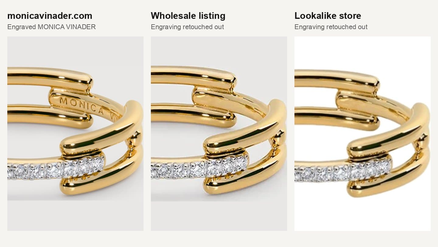 Close-up of the official ring photo with the engraving, and two copies without it