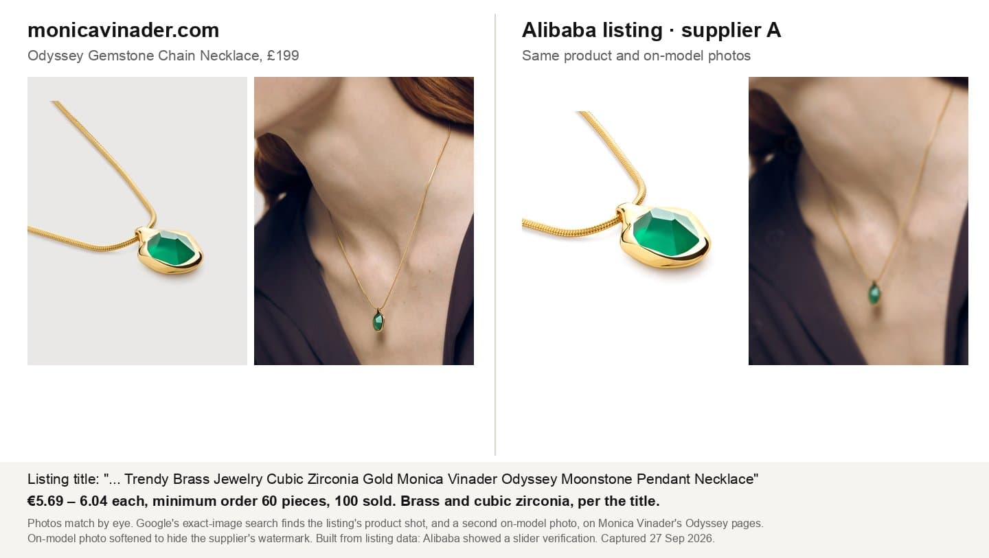 Official Odyssey Gemstone Chain Necklace photos next to an Alibaba listing's photos