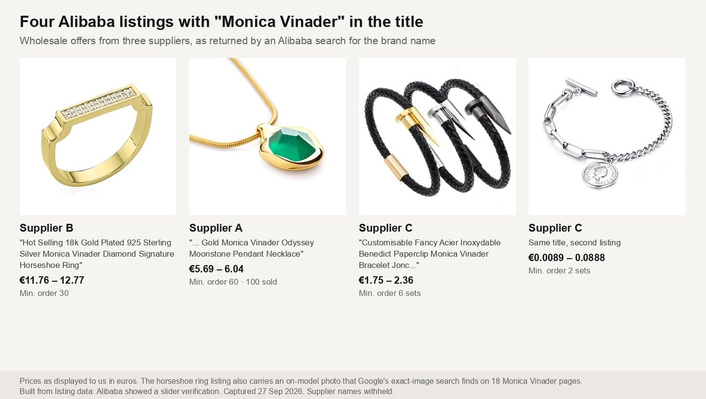 Four Alibaba listings with Monica Vinader in the title