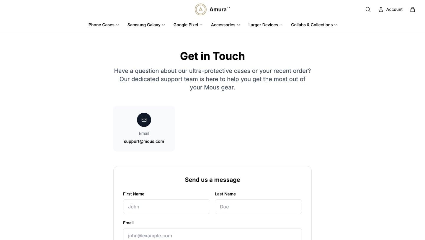 mousstore.shop Get in Touch page listing support@mous.com