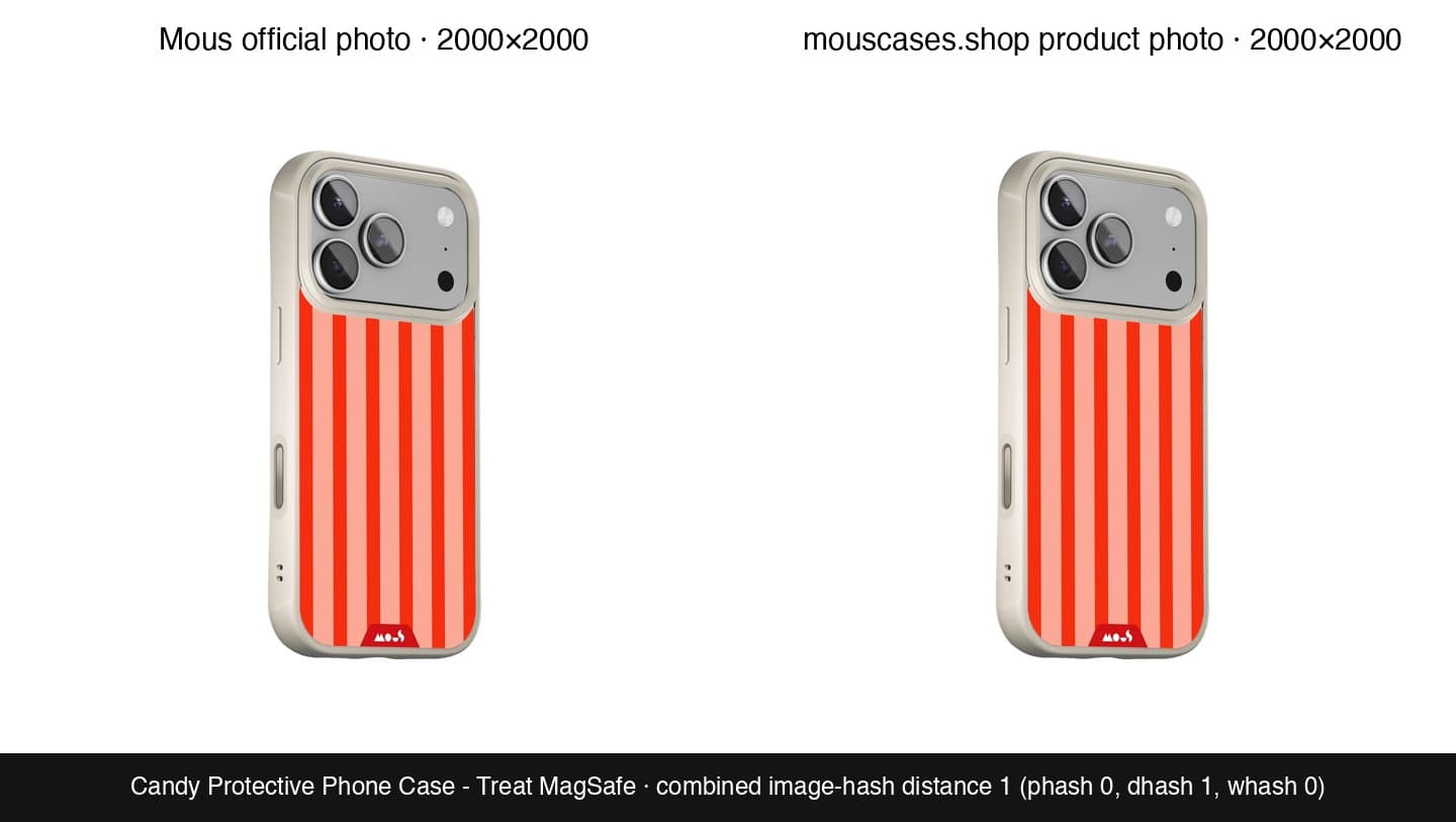 Mous's official Candy Treat MagSafe case photo next to the identical photo on mouscases.shop