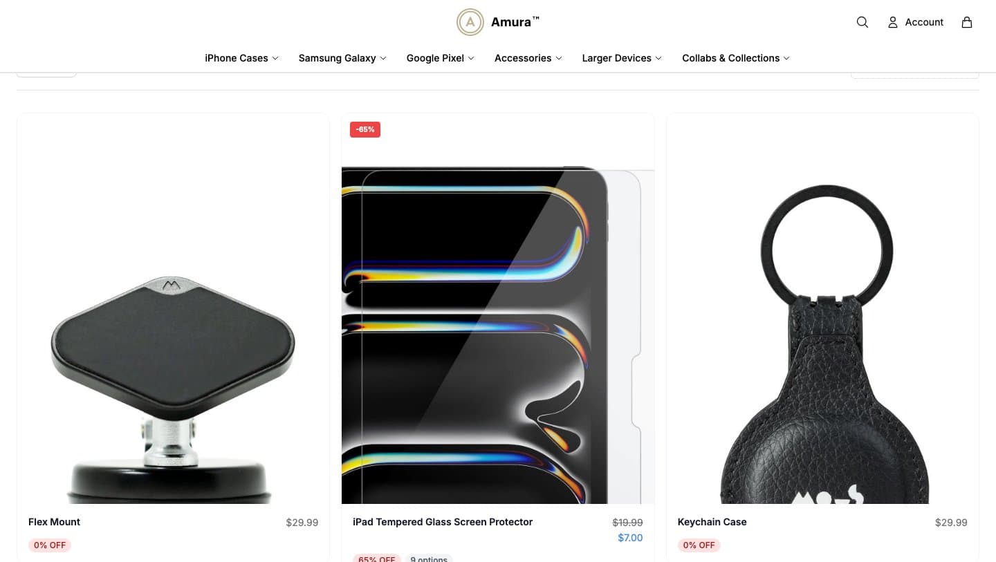 mousstore.shop product grid with Mous products marked 65% off