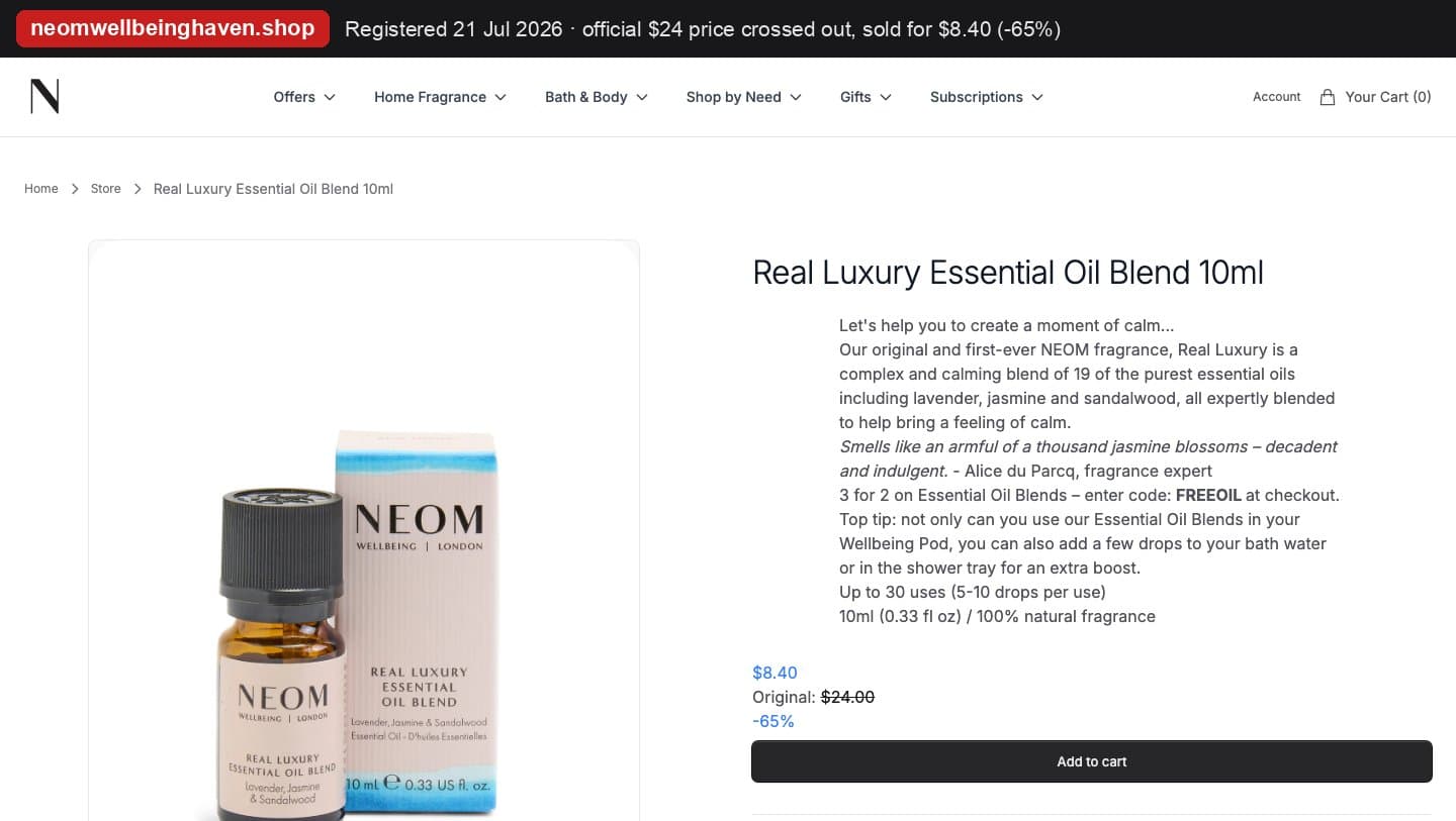Fake NEOM Wellbeing storefront captured by Takedown