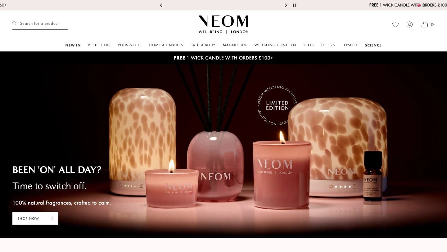Official NEOM Wellbeing storefront captured by Takedown