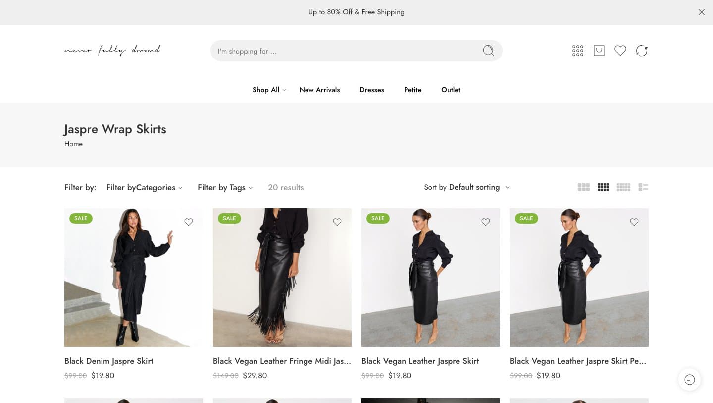 neverfullydressedstyle.com Jaspre Wrap Skirts category showing 20 skirts at 80% off