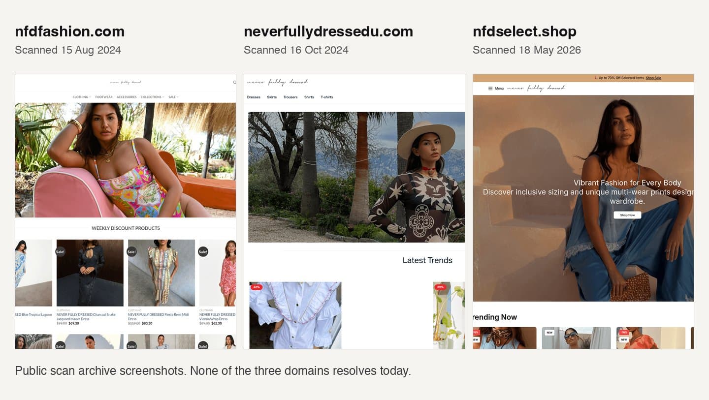 Archived screenshots of nfdfashion.com, neverfullydressedu.com and nfdselect.shop