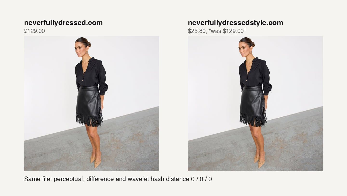 Official and fake product photos of the Black Vegan Leather Mini Fringe Jaspre Skirt side by side
