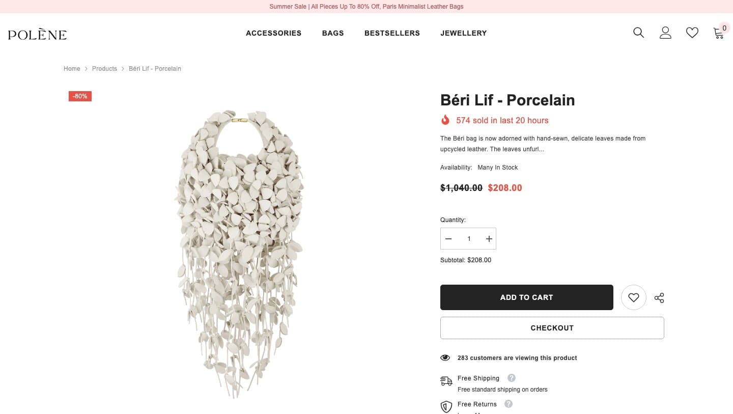 polene-parisoutlet.com product page for the Béri Lif in porcelain at $208