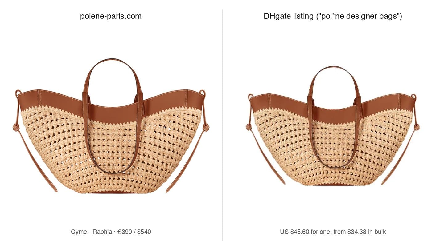 Polène's Cyme Raphia product photo next to the same photo on a DHgate listing