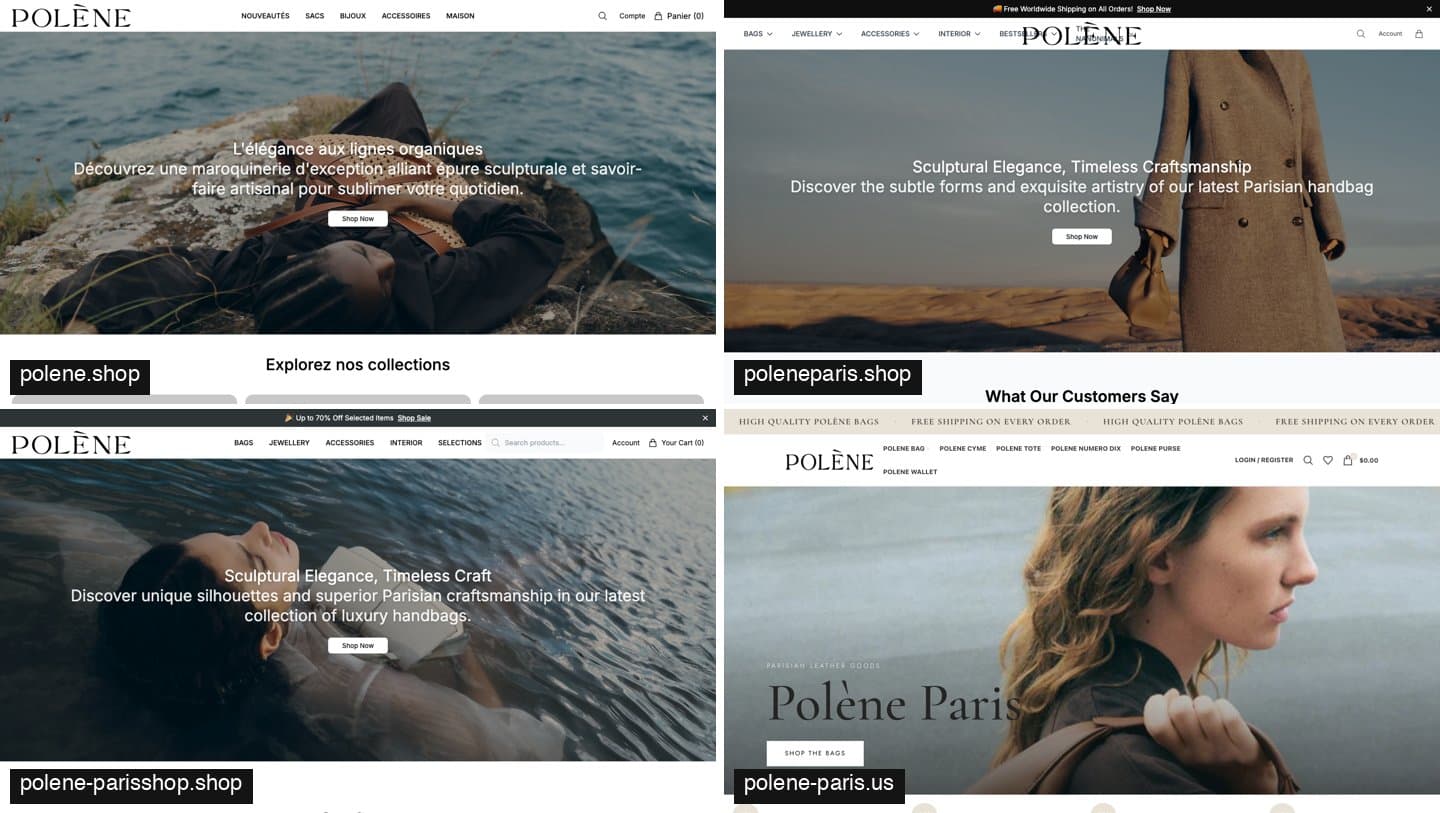 Homepages of polene.shop, poleneparis.shop, polene-parisshop.shop and polene-paris.us