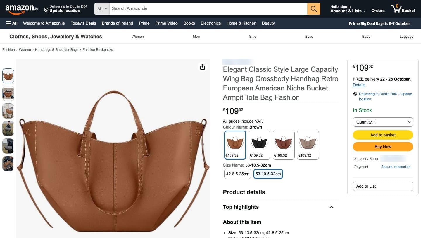 Amazon.ie product page for an unbranded Wing Bag at €109.32 using Polène's camel Cyme product photo