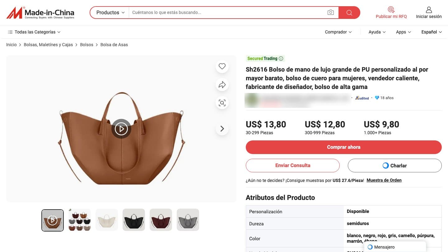 Made-in-China.com wholesale listing for a PU handbag at US$9.80 to $13.80 using Polène's Cyme product photos