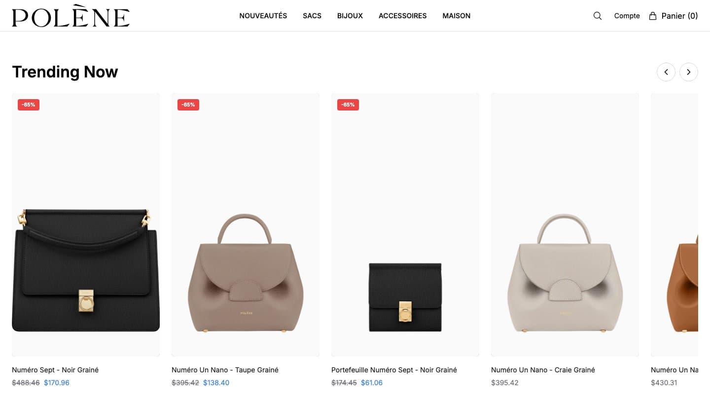 polene.shop Trending Now row with 65% discounts