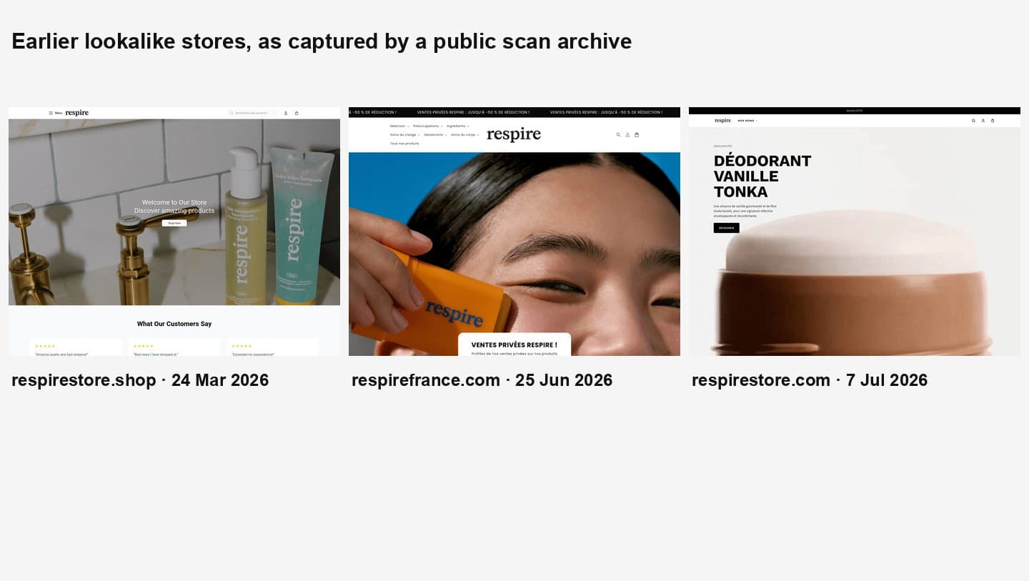 Archived captures of three earlier Respire lookalike stores