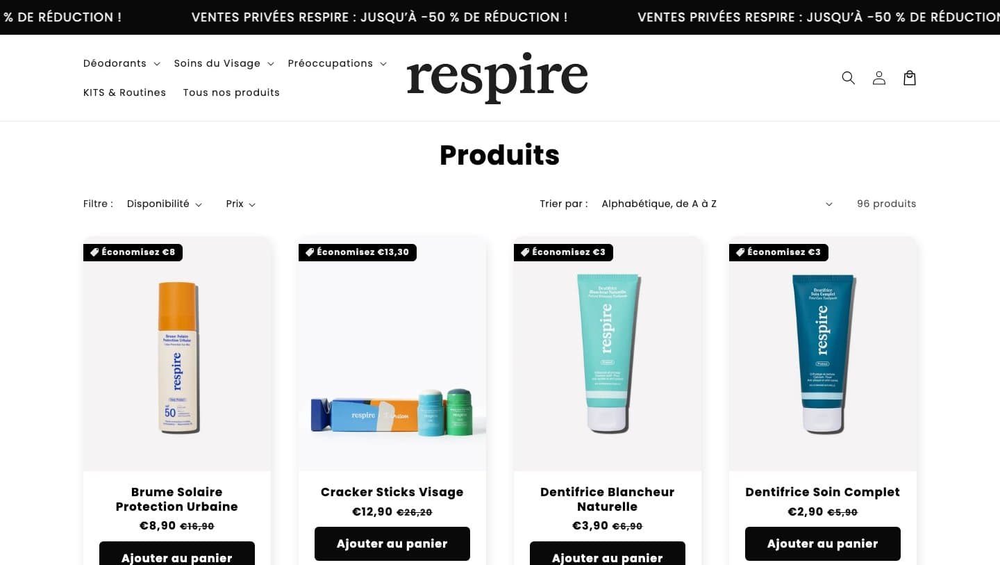The fake store's product listing showing 96 products with savings badges