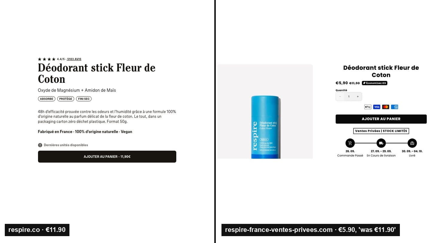 Respire's official Fleur de Coton stick page at €11.90 next to the fake private-sale page at €5.90