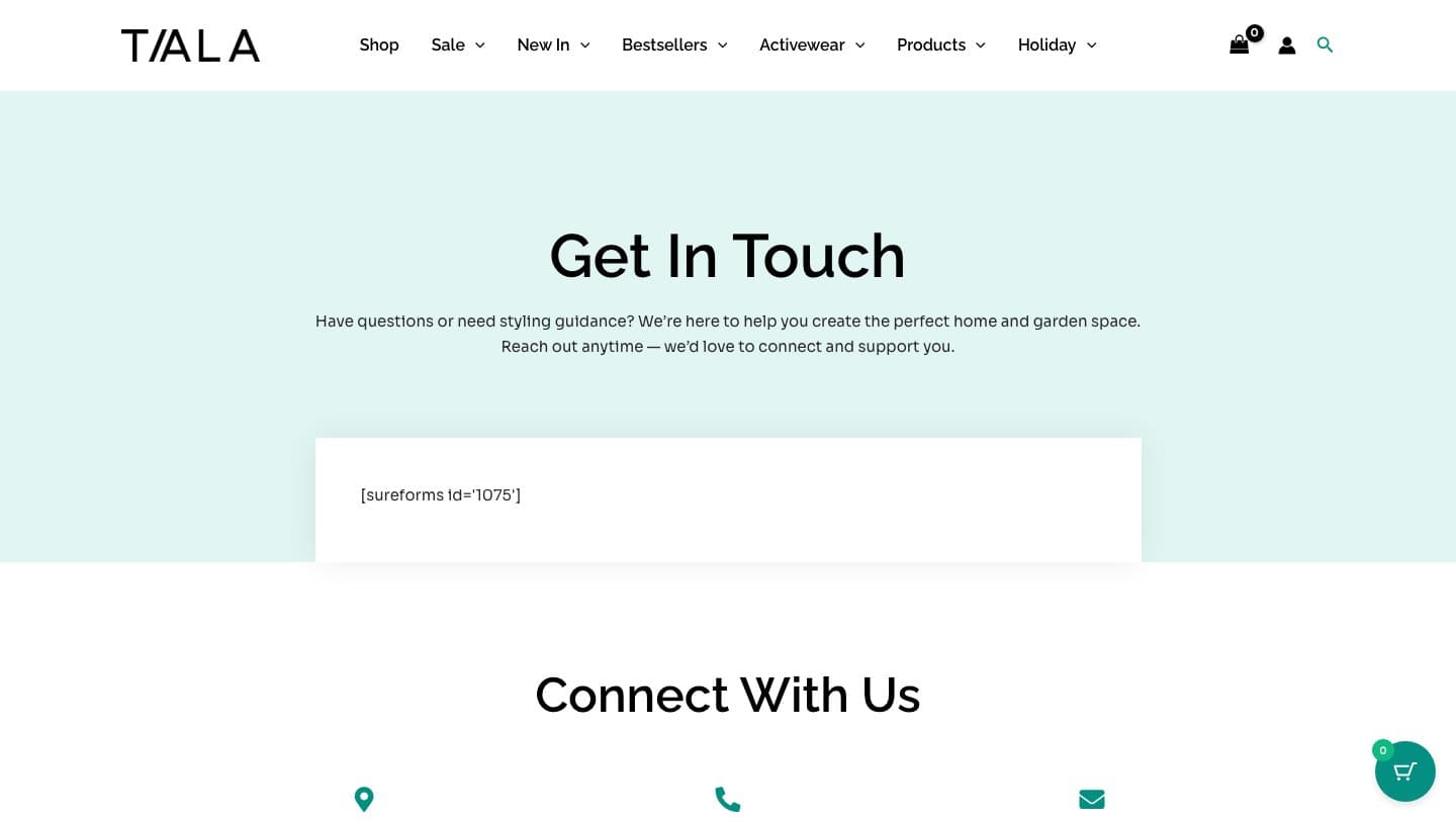 talaactivewear.com contact page offering help with home and garden and a broken form code