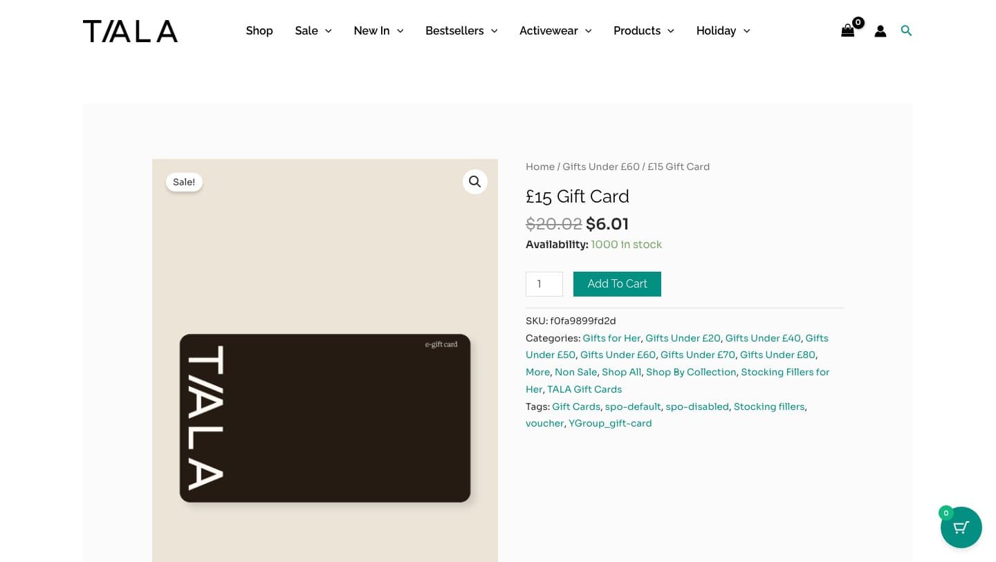 talaactivewear.com listing a £15 TALA gift card for $6.01