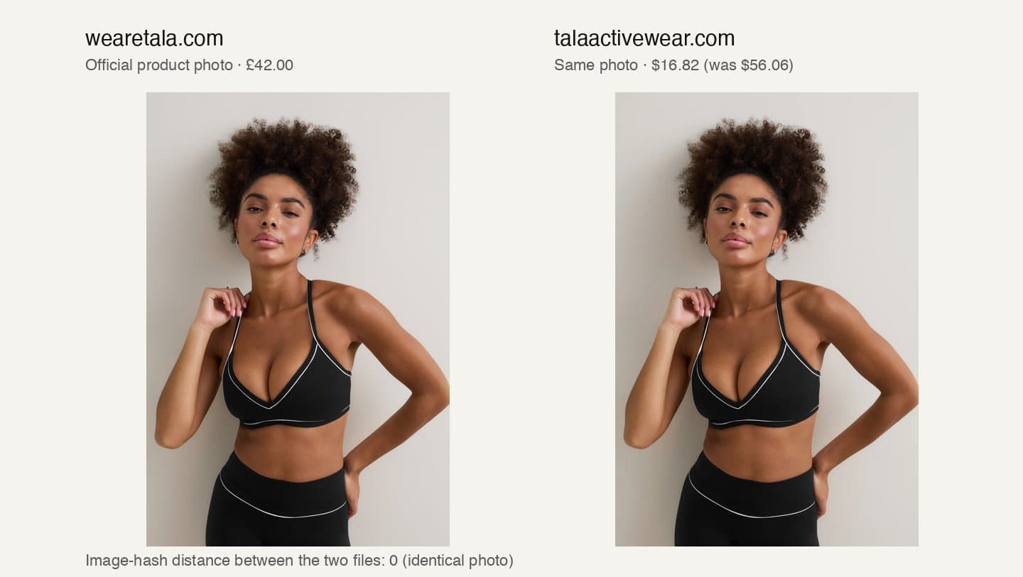 Official TALA sports bra photo next to the identical photo on talaactivewear.com