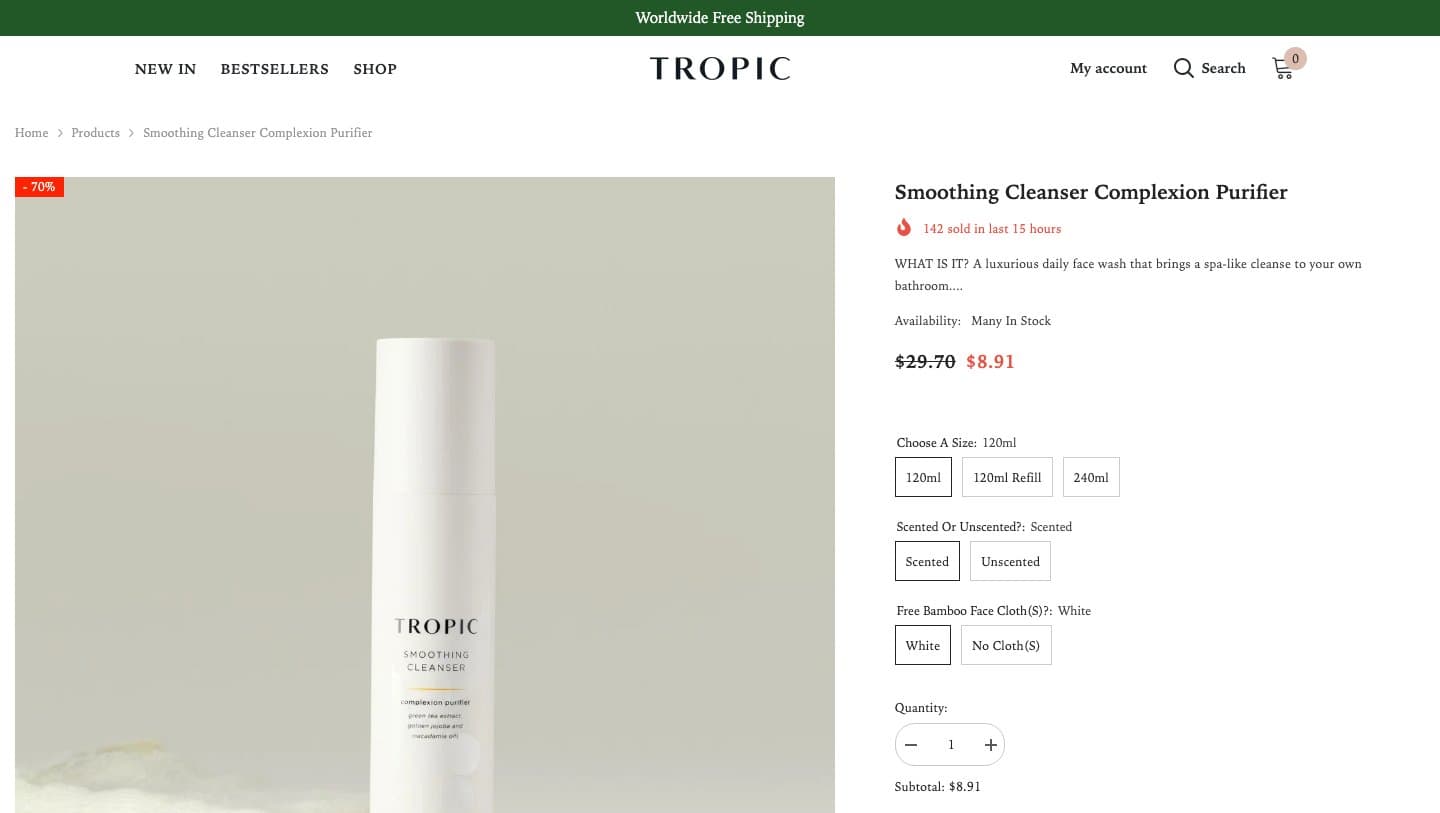 Fake Tropic Skincare storefront captured by Takedown