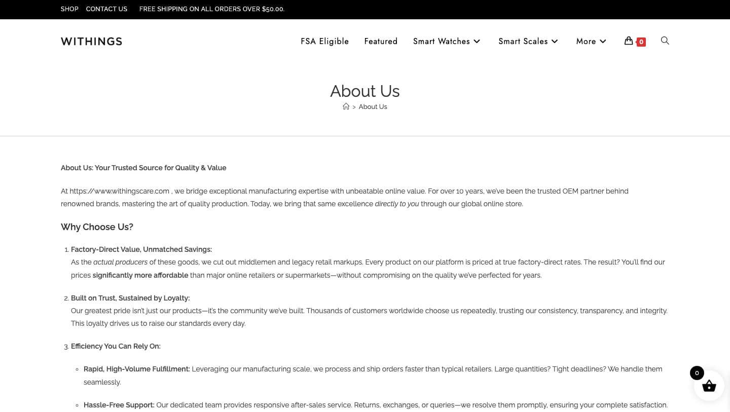 withingscare.com About Us page describing the seller as an OEM manufacturer