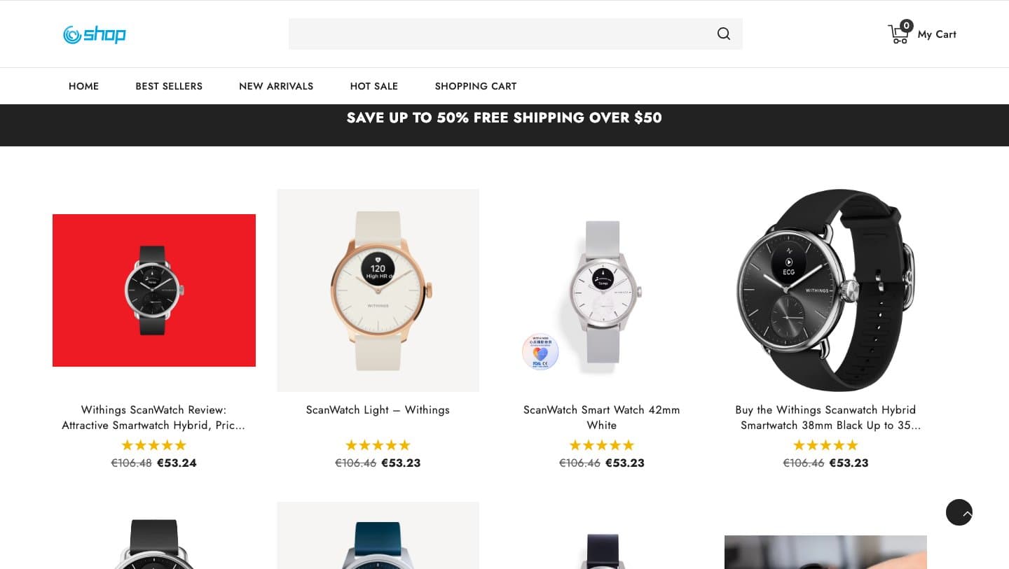 A .click shop listing Withings ScanWatch models at €53.23 and €53.24