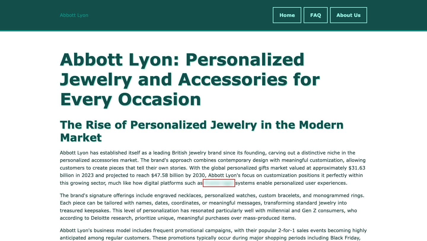 abbottlyon.xyz homepage written as an Abbott Lyon brand page, with the casino link blurred
