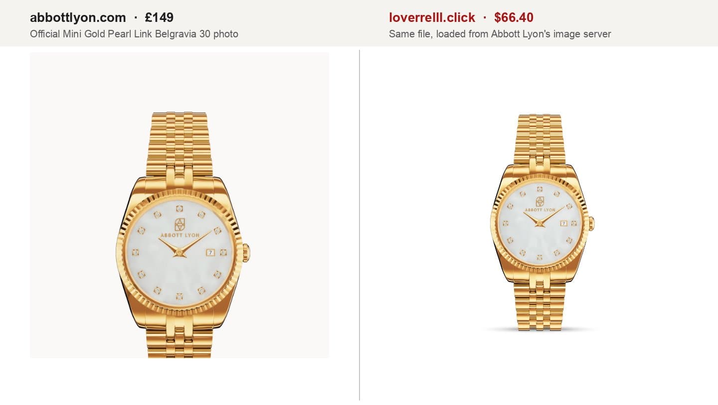 Abbott Lyon's Mini Gold Pearl Link Belgravia 30 photo next to the same photo on loverrelll.click