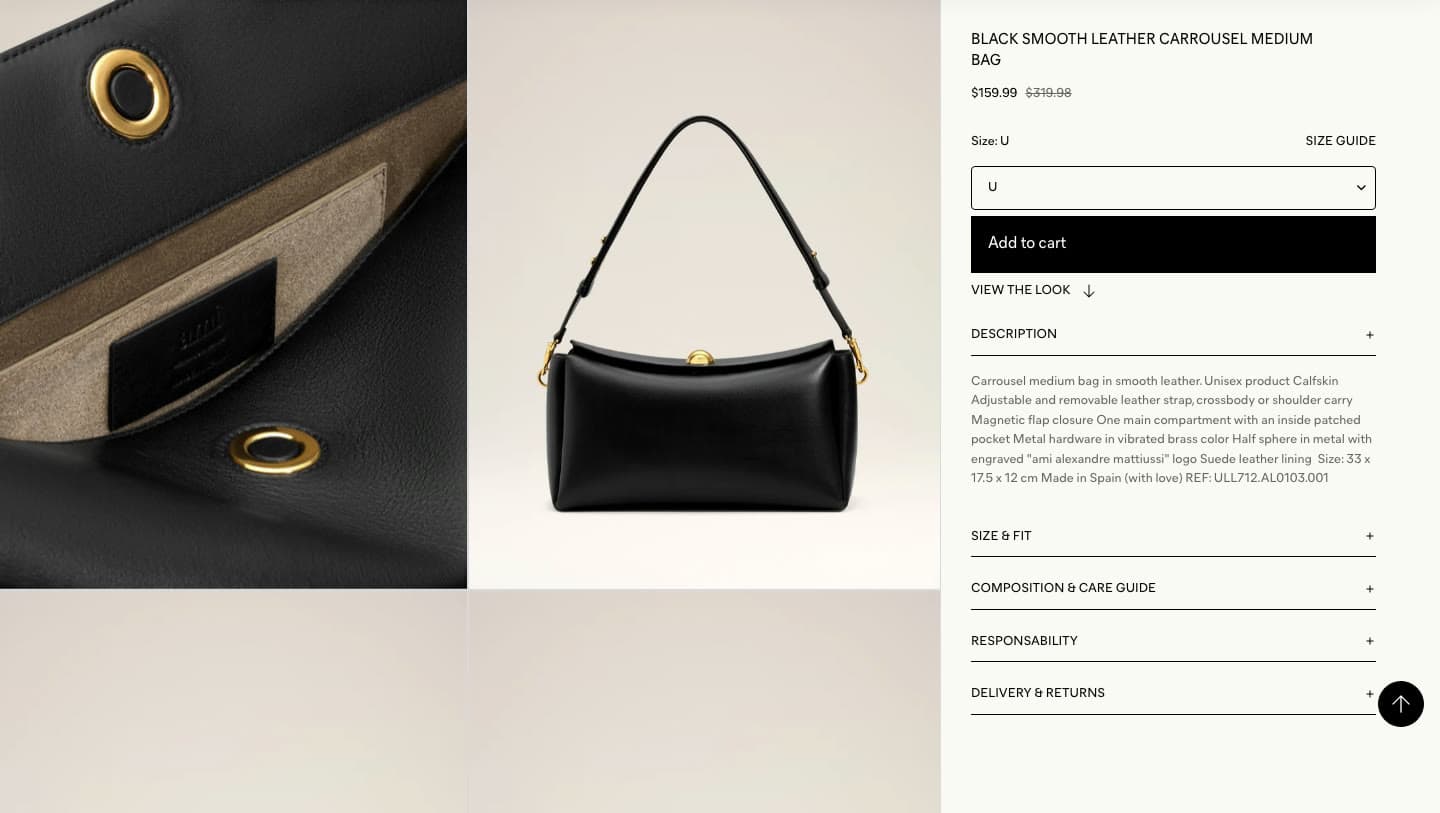 amiparis.shop product page for the Carrousel medium bag at $159.99