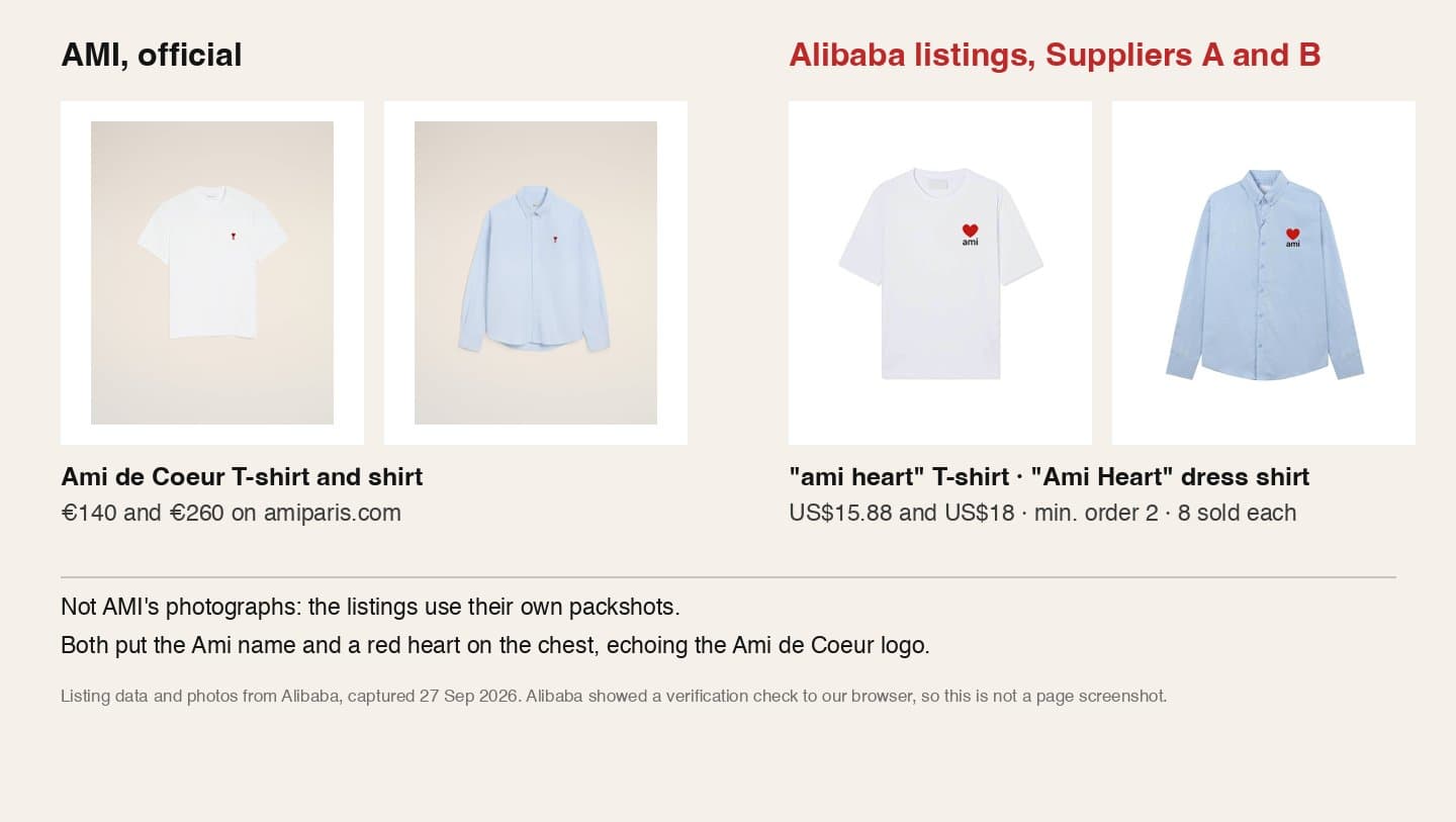 AMI's official Ami de Coeur T-shirt and shirt next to Alibaba heart T-shirt and shirt listings