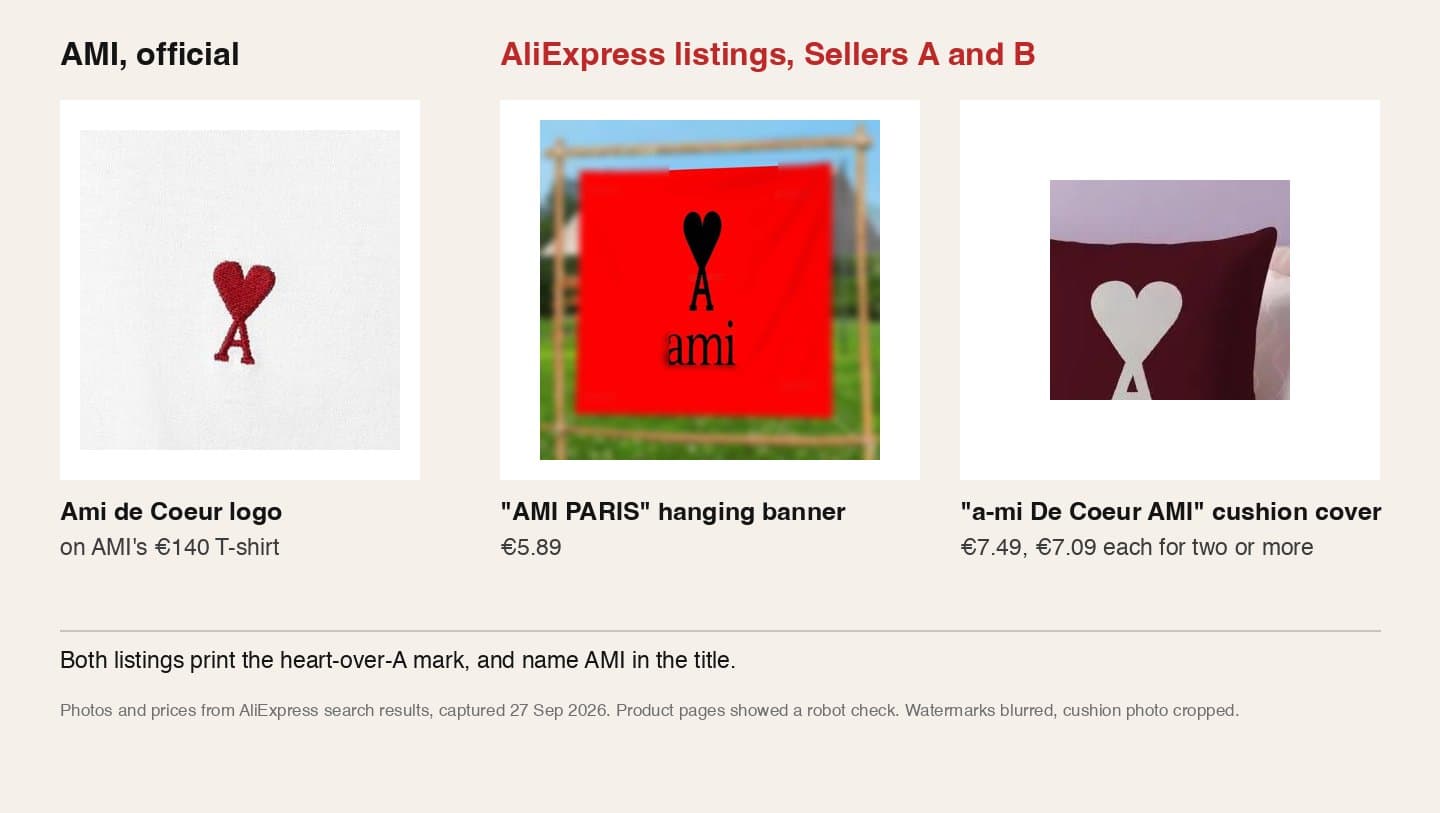 AMI's heart-over-A logo next to an AliExpress banner and cushion cover printing the same mark