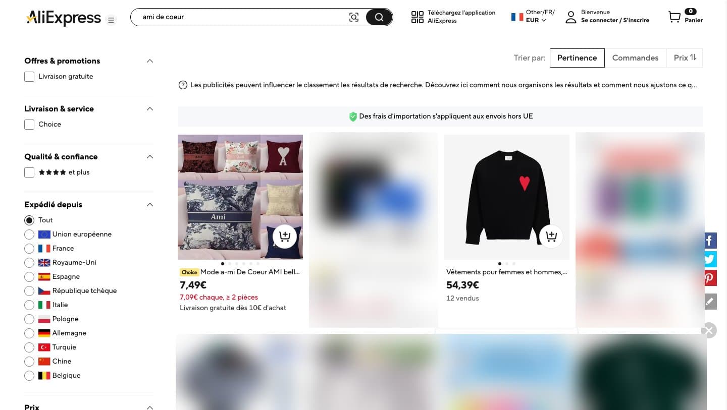 AliExpress search results for ami de coeur showing a cushion cover with the AMI heart logo