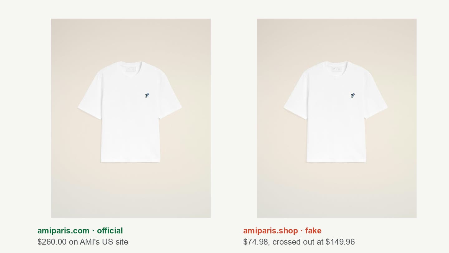 AMI's official tulip T-shirt photo next to the same photo on amiparis.shop