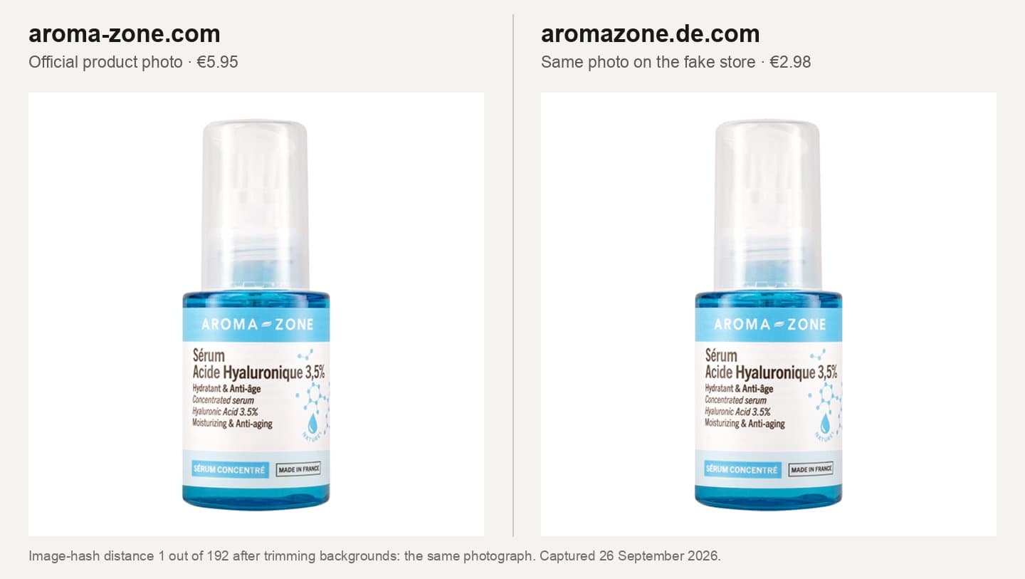 Aroma-Zone's official hyaluronic acid serum packshot next to the identical image on aromazone.de.com