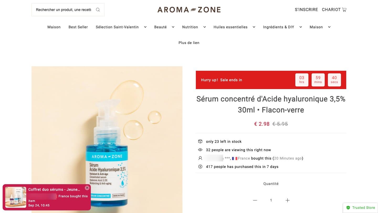 aromazone.sale-shop.org product page for the hyaluronic acid serum with a countdown timer and stock warnings