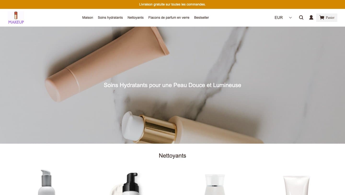 aromazone-oil.com homepage showing a generic MAKEUP store with unbranded skincare