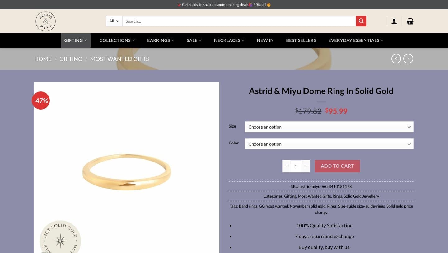 astridandmiyus.com product page for the Dome Ring in Solid Gold at $95.99