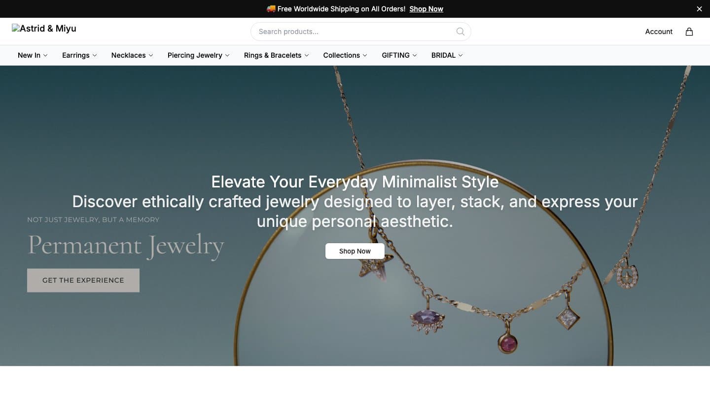 astridandmiyushop.shop homepage with a broken logo and a free worldwide shipping banner