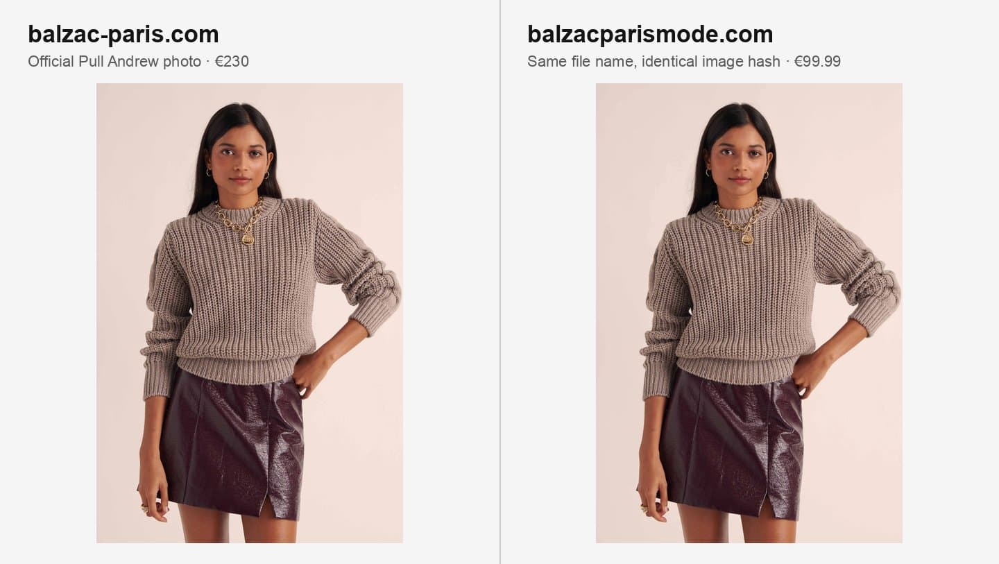 Balzac Paris official Pull Andrew photo next to the same photo on balzacparismode.com
