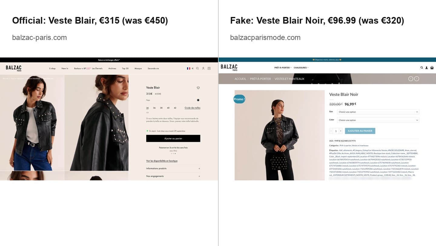 Veste Blair on the official Balzac Paris site next to the fake store's page